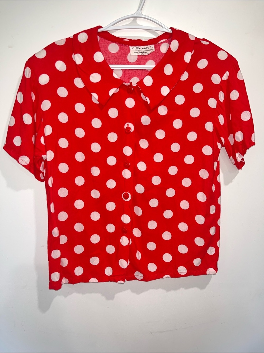 Vintage 80s Red and White Polka Dot Button Down Cropped T Shirt Blouse Retro